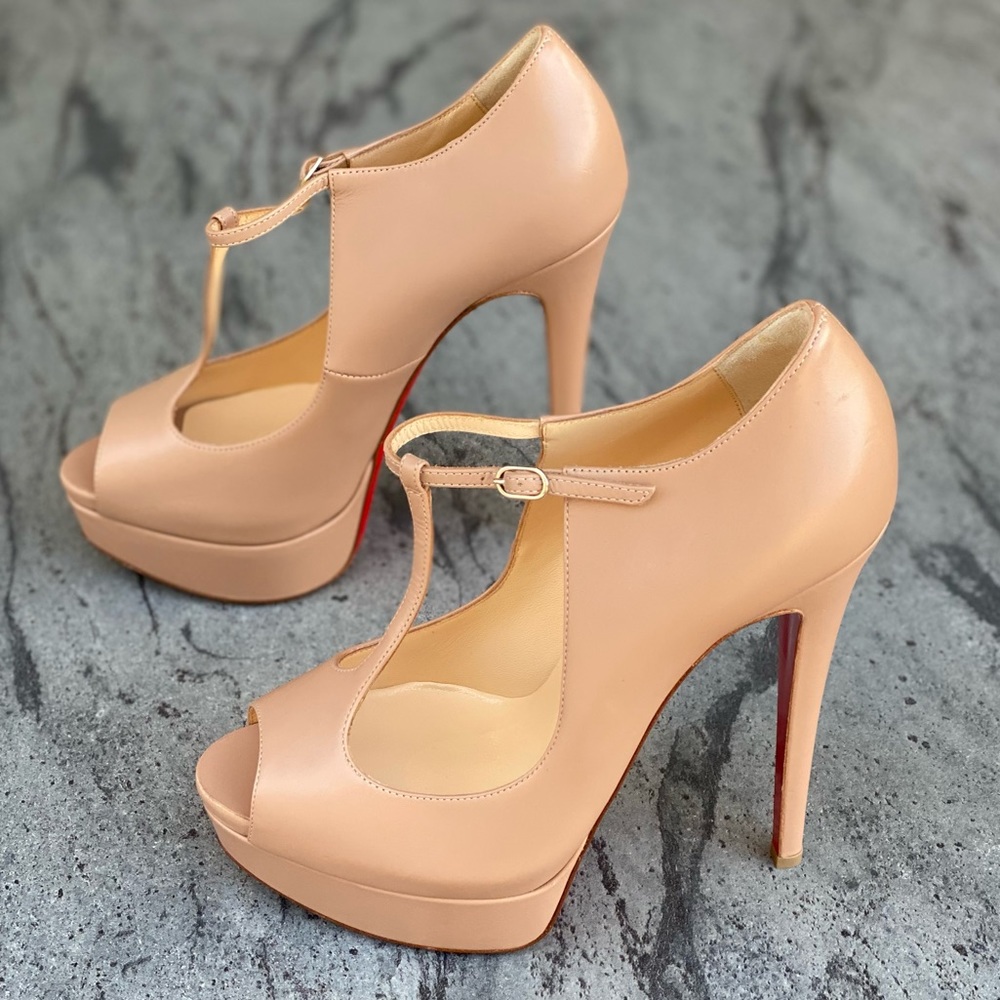 Christian Louboutin Nude 37 T Strap Platform Heels - Picture 1 of 6